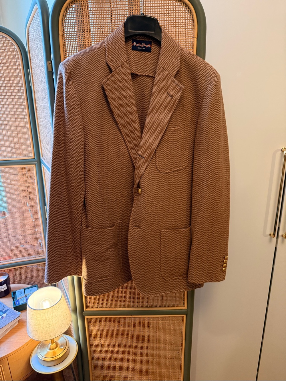 Super Rare Rowing Blazers Camel Herringbone Blazer w Patch 40R Made in Portugal - Picture 3 of 12